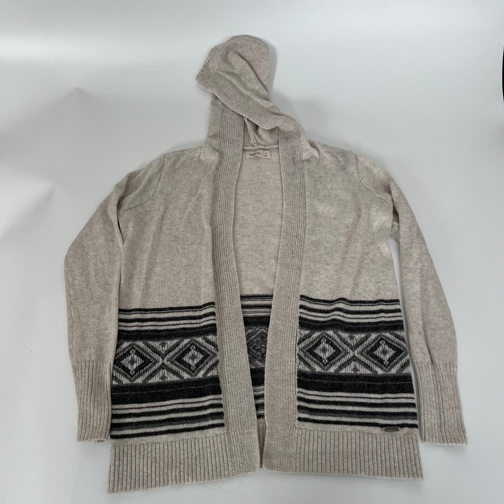 Hollister Hooded Cardigan Sweater Small Beige Fair Isle Southwestern Open Front